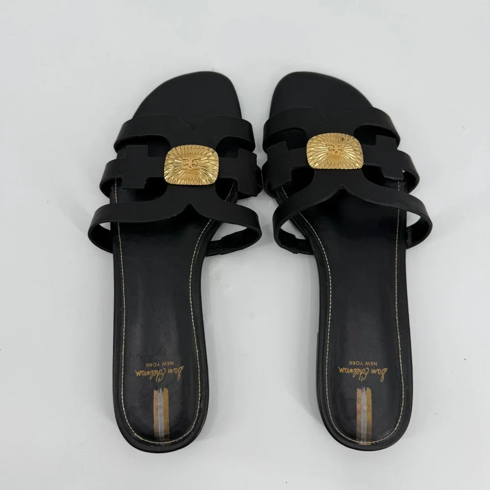 Sam Edelman Bay Radiant Black Leather Gold Medallion Slide Sandals 9.5M